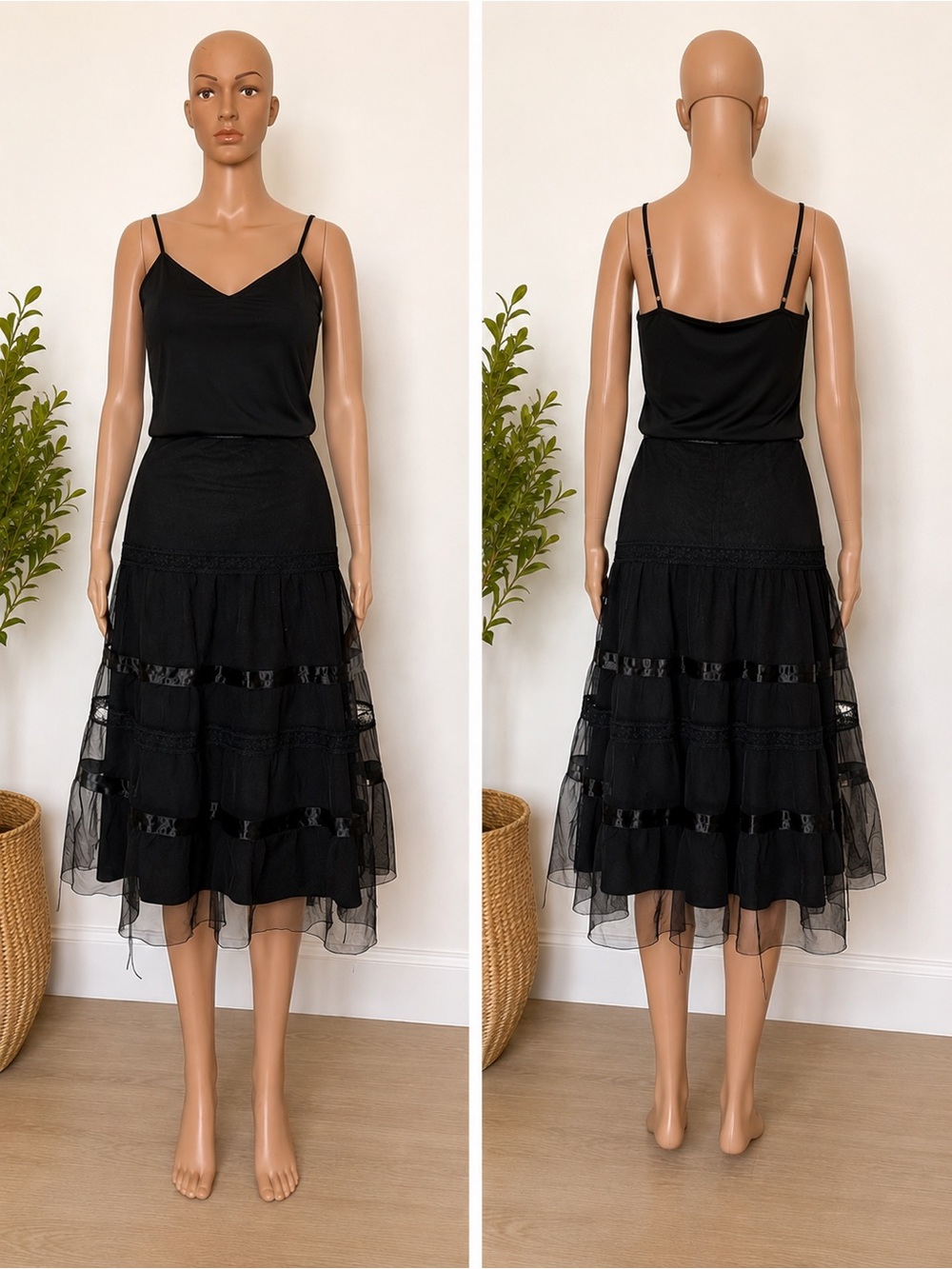 Vintage Express Black Tiered Tulle Midi Skirt Lace Satin Size 9/10